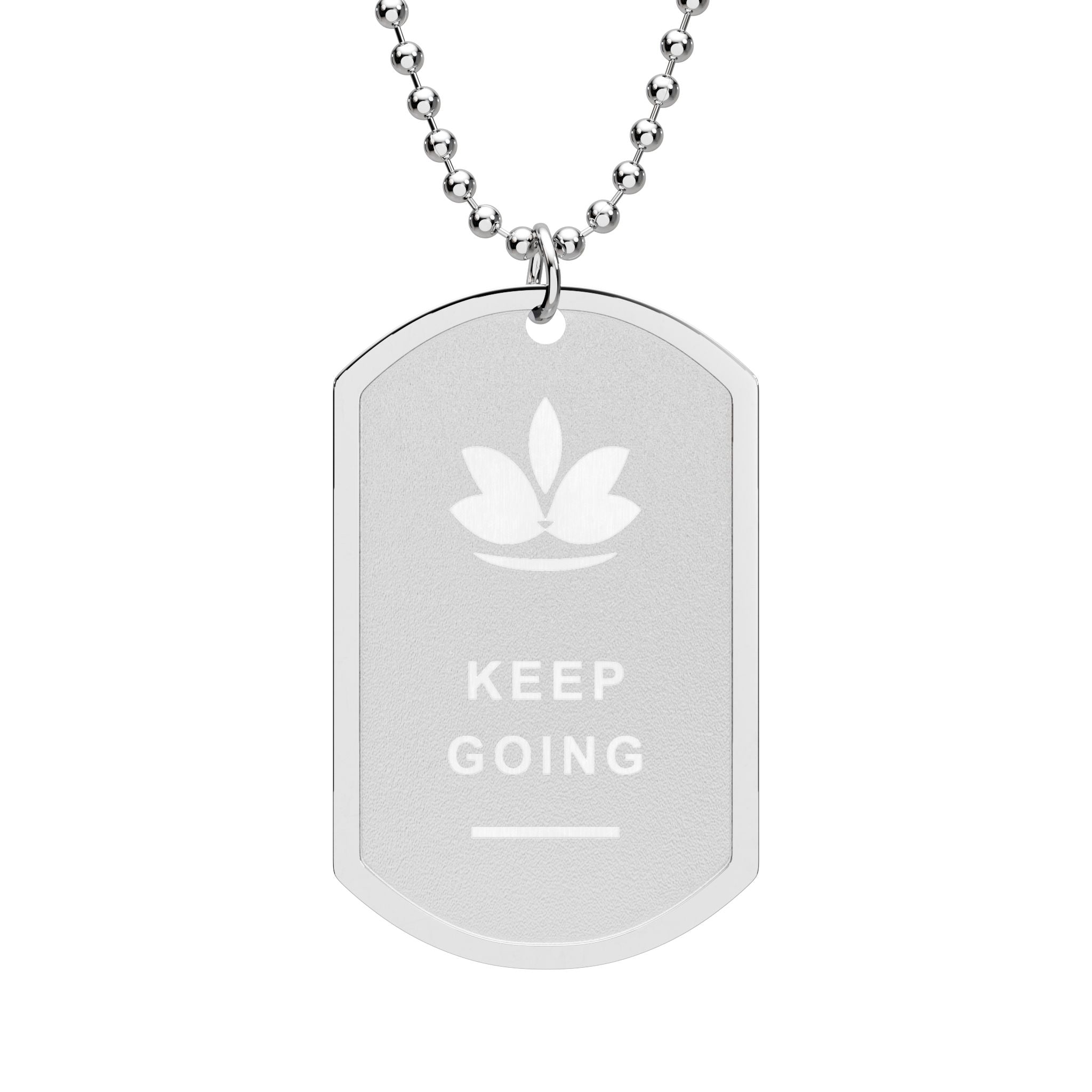Silver-tone stainless steel dog tag necklace with fixed lotus and KEEP GOING design