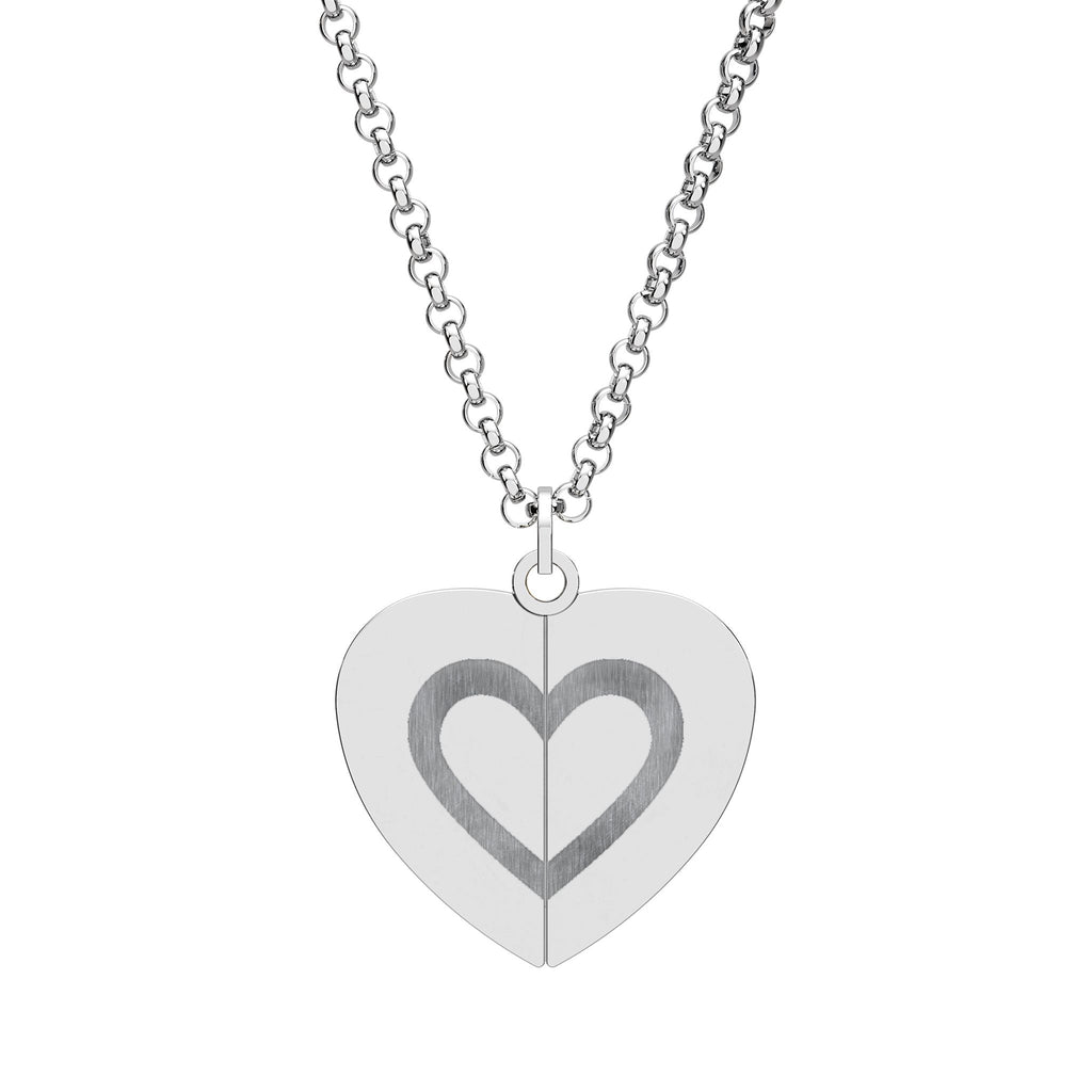 Silver-tone hidden message heart necklace closed with an engraved heart outline
