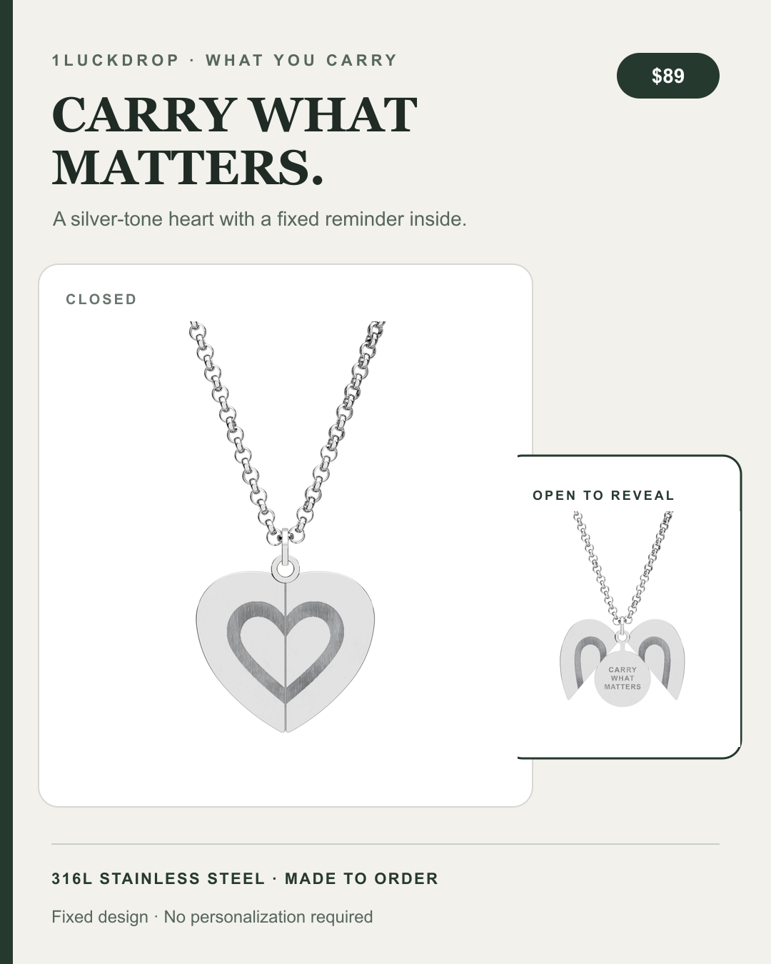 Closed and open views of the silver-tone hidden message heart necklace revealing CARRY WHAT MATTERS