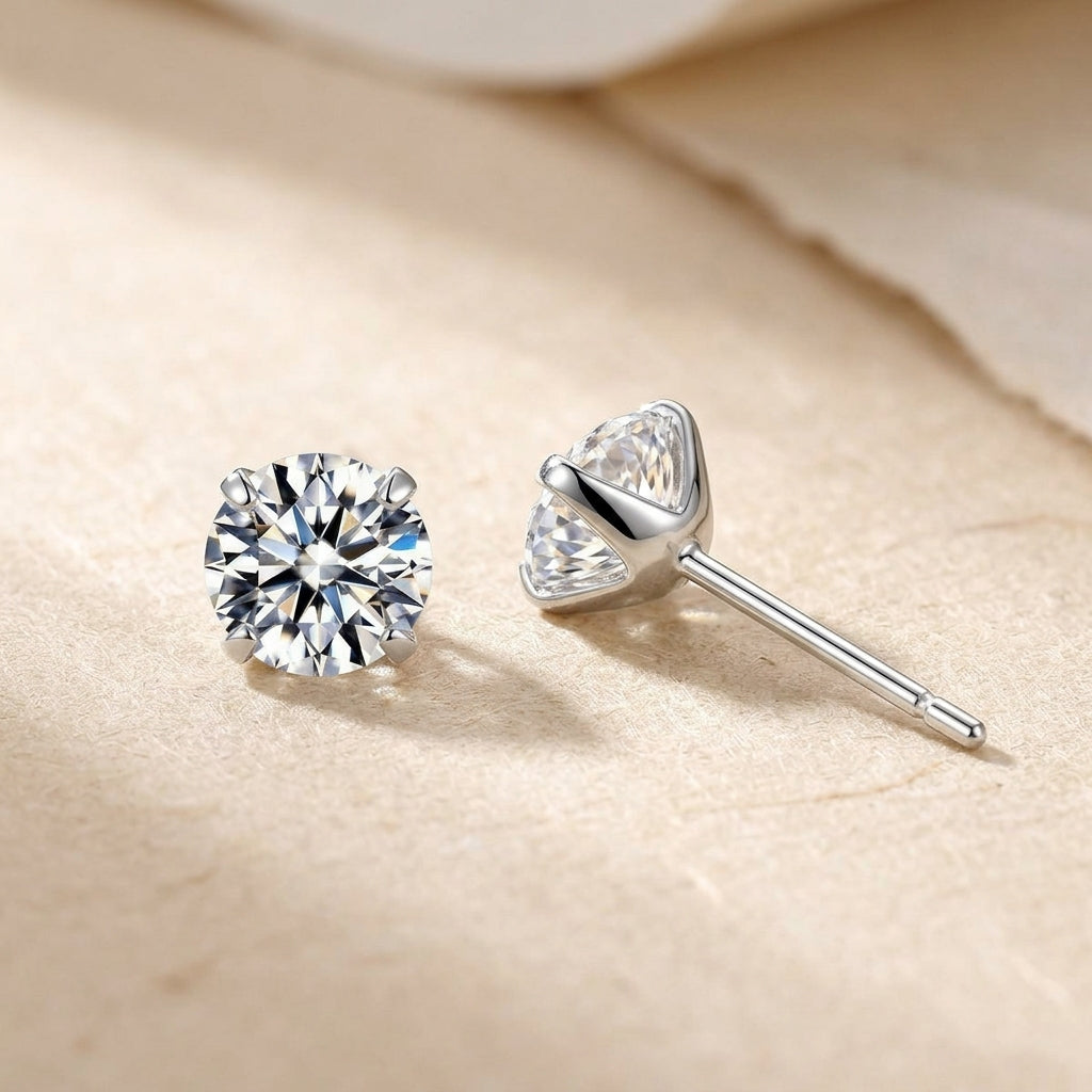 Side view of classic 4 mm moissanite stud earring with four-prong setting