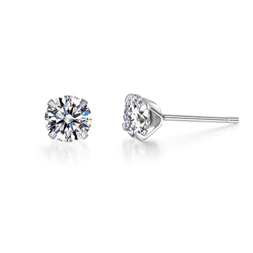 Classic four-prong 4 mm moissanite stud earrings in rhodium-plated 925 sterling silver